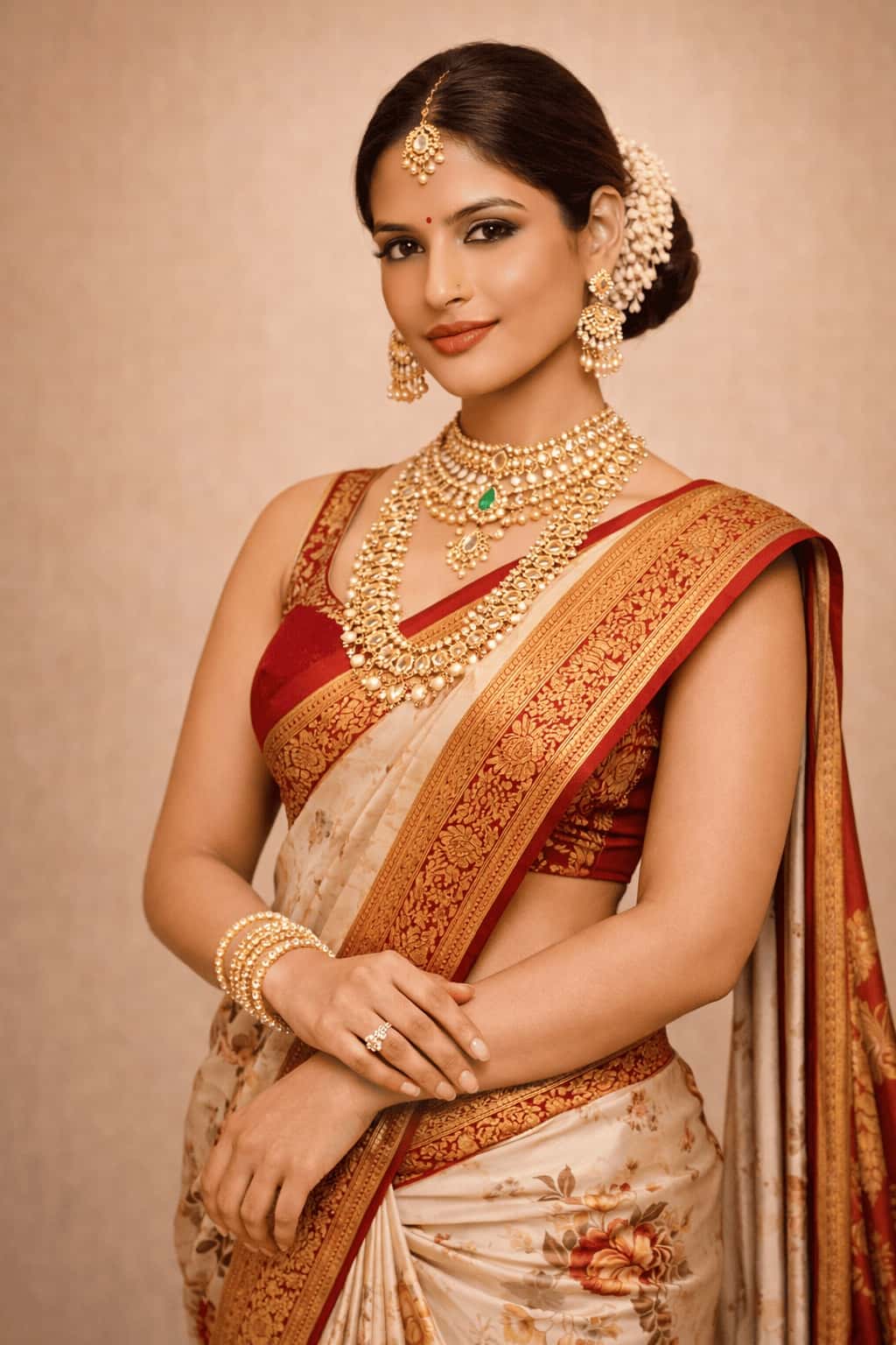 Model wearing a traditional golden saree with antique gold jewellery from Mayuri Trendz