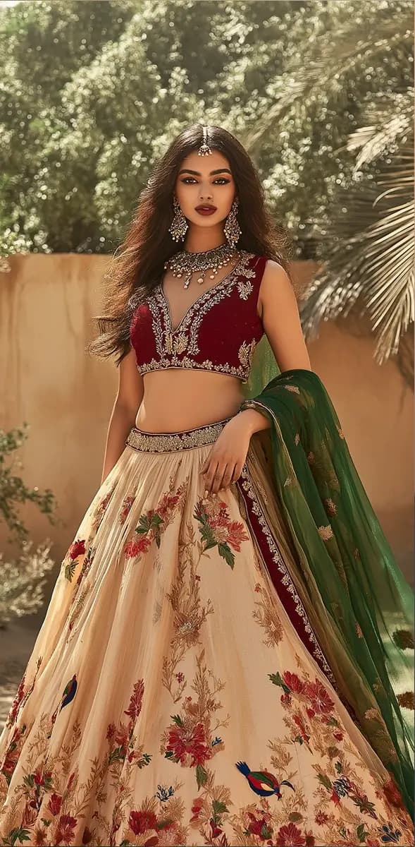 Festive lehenga with green dupatta styled with antique jewellery