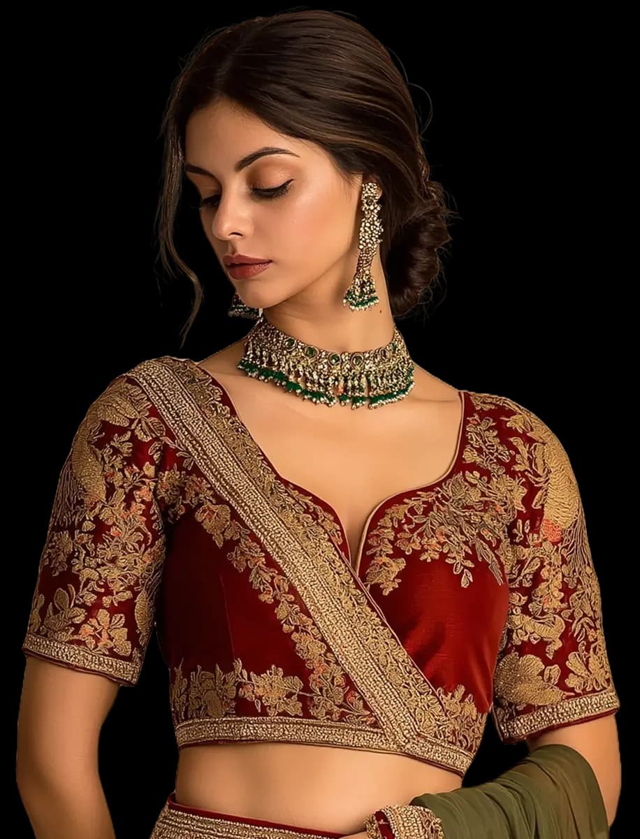 Maroon embroidered blouse styled with an emerald choker and gold earrings