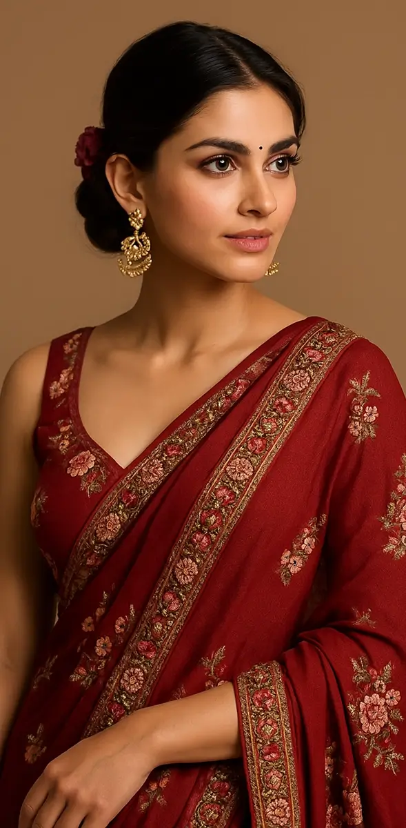 Deep red woven saree with antique gold earrings