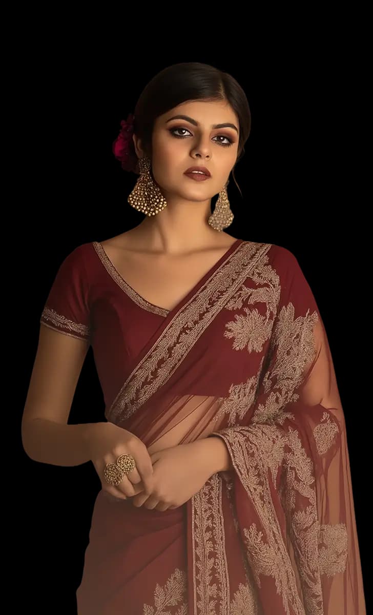 Sheer maroon saree with delicate gold embroidery