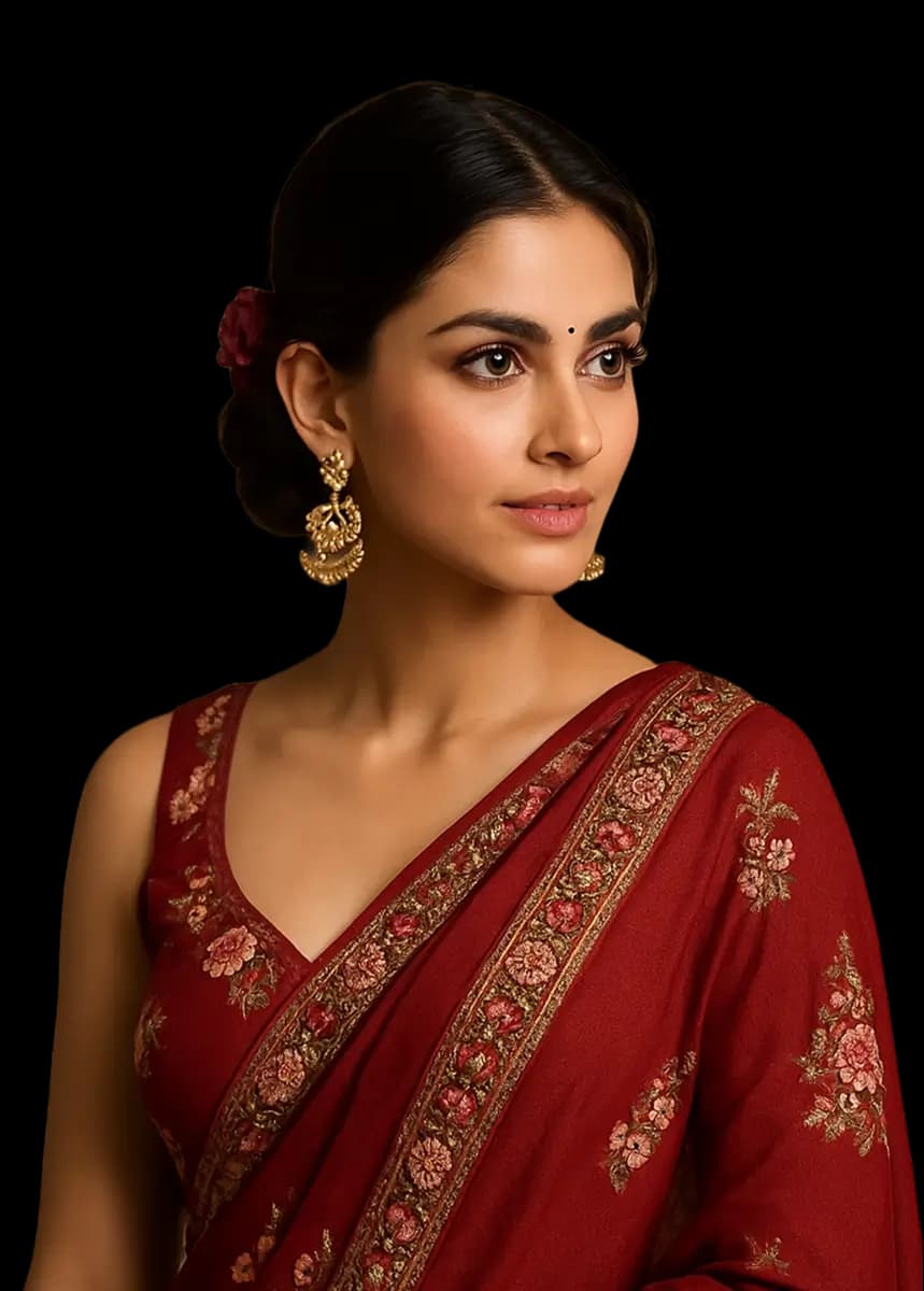 Classic red saree with floral border and gold jhumkas