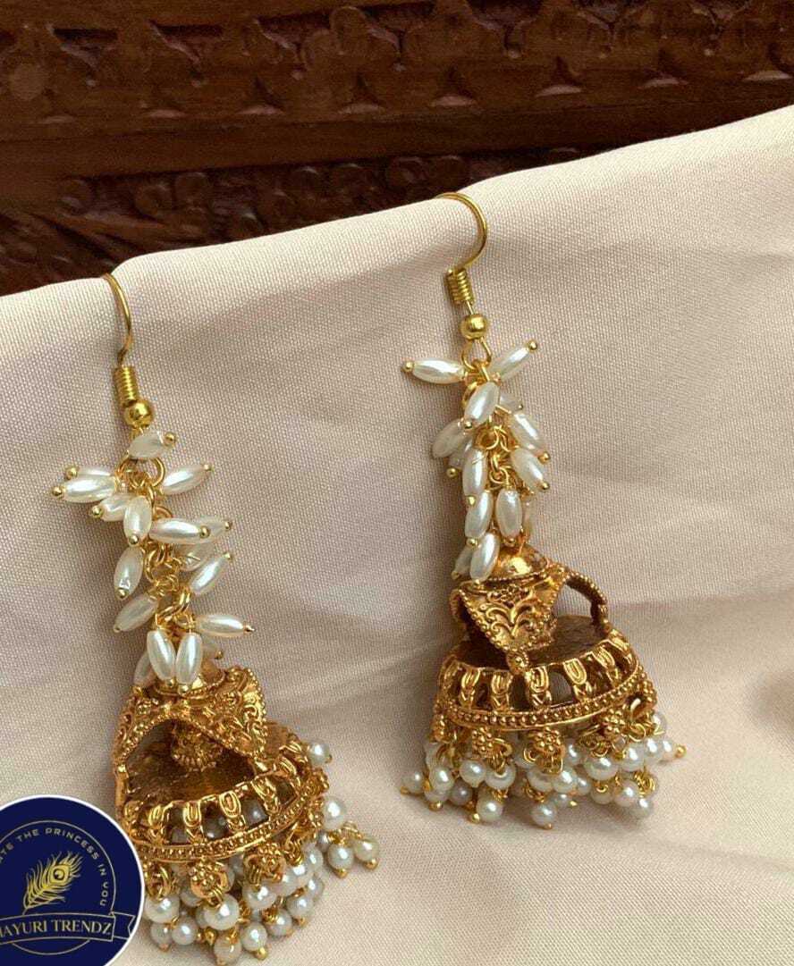 White Colour Rice Pearl Long Jhumka — photo 1 of 1